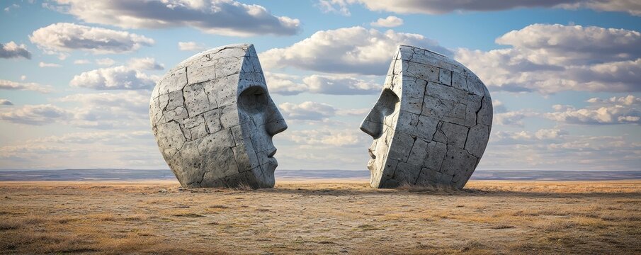 Two large stone sculptures shaped like human faces stand in an open field, facing each other under a partly cloudy sky.