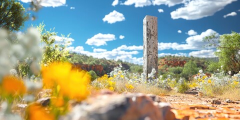 A tall stone monolith stands in a vibrant, wildflower-filled landscape under a bright blue sky with scattered clouds.