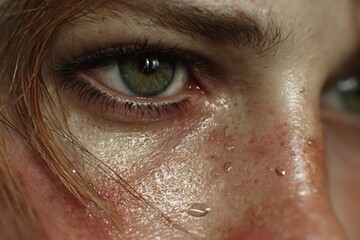 Fototapeta premium Detailed close-up of a person's eye, eyelashes, eyebrow, and skin texture with freckles and water droplets on face.