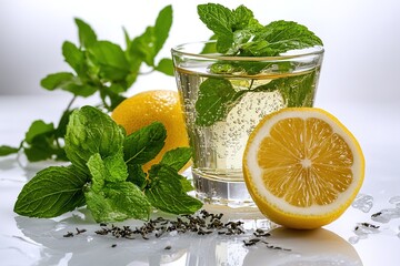 A glass of iced green tea with lemon and a sprig of mint, isolated on a smooth white surface