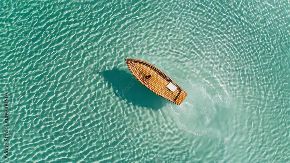 Aufkleber Aerial view of a small wooden boat sailing on a calm turquoise water surface. Creating a gentle wake and casting a shadow on the seabed below. Offering a serene and idyllic scene of peaceful solitude