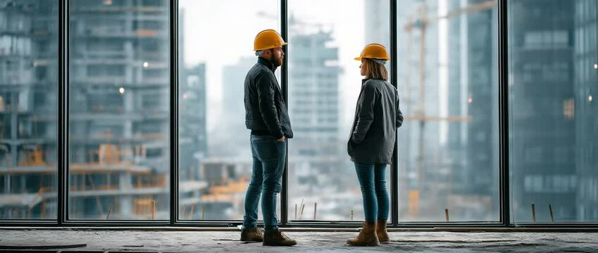 An architect and a construction worker are discussing the project's realisation while standing close to a window at a future business centre.