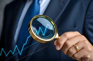 A businessman studies an abnormal jump on a chart. Sales growth. High profitability. Market demand surges, investment opportunities, stock market fluctuations. High profitability concepts