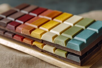 Colorful artisan chocolate bars stacked on wooden board, showing varying shades of brown, red, yellow, green, and blue