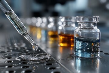 Liquid sample being dispensed by a glass pipette onto a surface with vials and a laboratory setting in the background