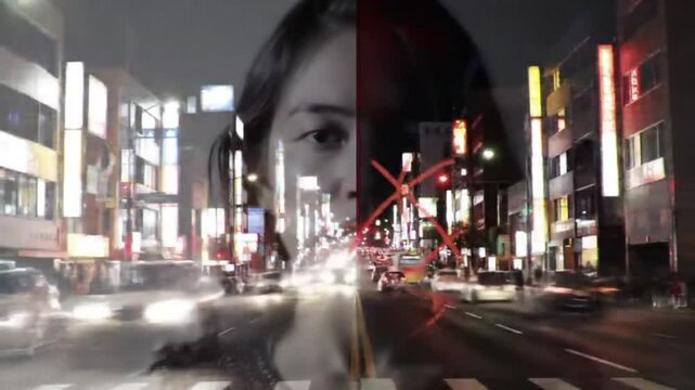 Transparent Portrait with Flickering Neon Signs and RGB Split. Portrait with Neon City Time-Lapse and Glitch Effects. Double Exposure Portrait with Neon City Timelapse & RGB Glitch