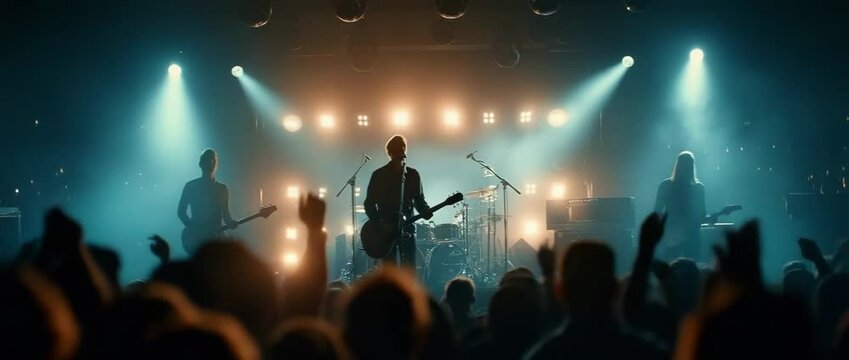 A rock concert in a nightclub features a band performing on stage.