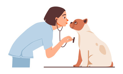 Veterinarian examining a dog. Pet care, medical checkups, and animal wellness in a veterinary environment. Vet doctor.  Flat  vector illustration.