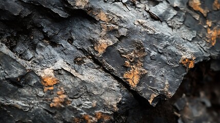 Textured surface of a dark rock formation with mineral deposits showing.