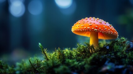 Fototapeta premium Amanita muscaria mushroom: vibrant, orange-capped fungi amidst lush green moss.