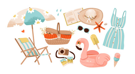 Summer vacation scene with tropical elements, beach umbrella, flamingo, and ice cream. each trip with lounger, basket, and sunglasses, perfect for a holiday or picnic. Flat vector illustration.