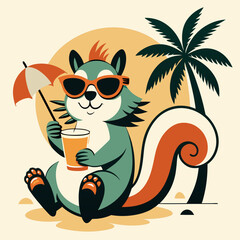 Retro Squirrel on Beach with Tropical Drink Minimal Vector Illustration