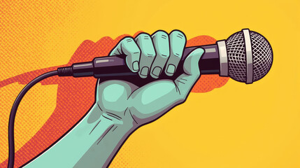 vibrant hand gripping microphone against bright yellow background, symbolizing music and performance. image conveys energy and creativity