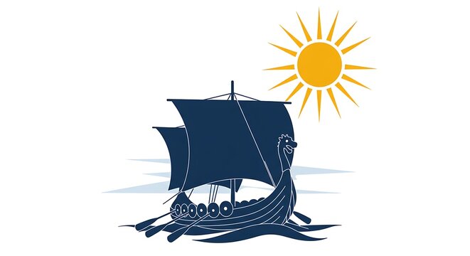 Minimalist illustration of a Viking ship sailing toward the sun, representing National Day of Sweden,