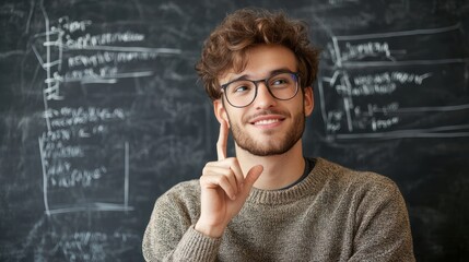 A young man wearing glasses standing in front of a blackboard with mathematical equations written on it.