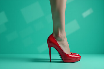 Woman legs red shoes blue background close up legs wearing red high heel shoes.generative ai