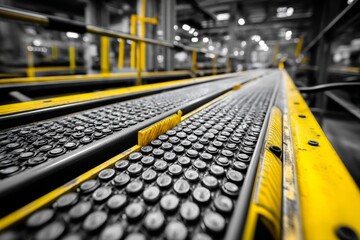 Automated Conveyor System in Manufacturing Facility with Yellow Safety Railing Guiding Product Movement and Material Handling