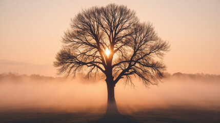 majestic tree stands silhouetted against soft sunrise, surrounded by mist, creating serene and tranquil atmosphere