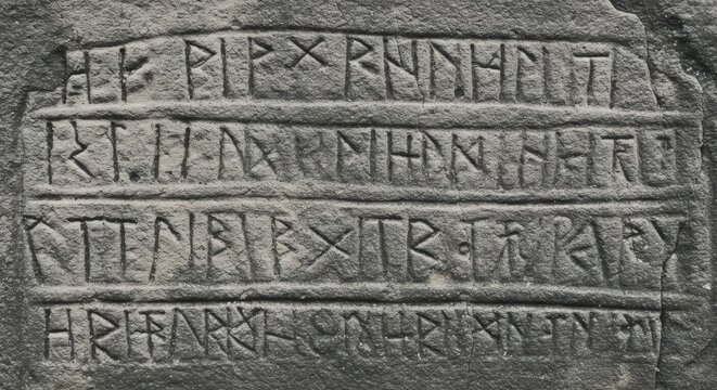 AI image showcasing ancient runic script deeply carved into a weathered grey stone surface, conveying history and mystery. - Powered by Adobe