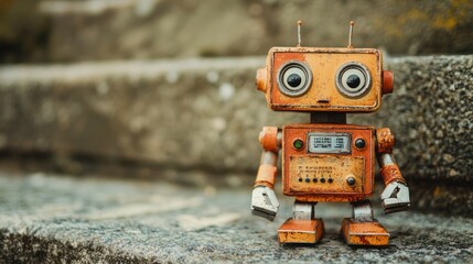 Fototapeta premium A small, rusted robot with a square head and a rectangular body, standing on a concrete step with a stone wall in the background.