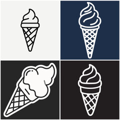 Four vector graphic illustrations of ice cream cones are shown in black, white, and blue.
