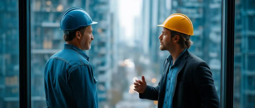 An architect and a construction worker are discussing the project's realisation while standing close to a window at a future business centre.