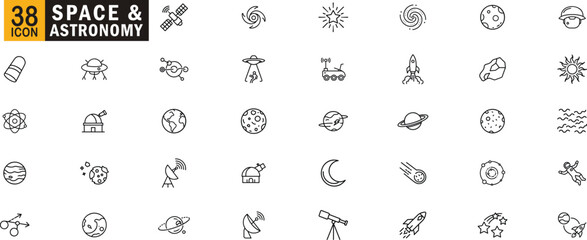 Space and astronomy editable outline icon set. Galaxy, planets, rockets, telescope, universe, astronaut and more.
