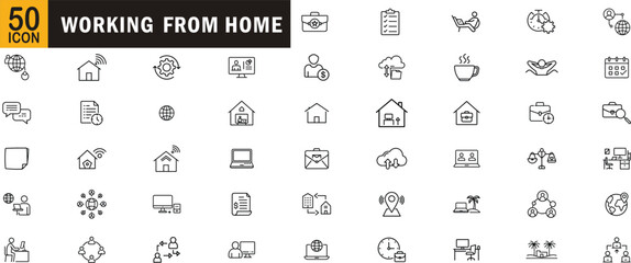 Working from home editable outline icon set. Remote work, virtual office, digital tools, communication, flexibility and more.