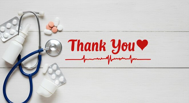 Medical Thank You Message with Stethoscope and Medications
