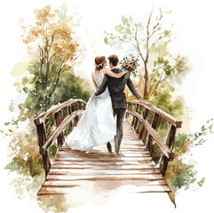A Blissful Stroll: A newlywed couple, hand in hand, embarks on their journey together, their silhouette against a soft, watercolor landscape. capturing their unity and enduring love.