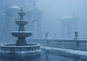 Obraz premium ornate tiered stone fountain covered in frost and snow on a foggy winter morning, with a classical balustrade and arched architecture in the misty background. 