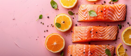 Fresh raw salmon fillets with sea salt and rosemary on a light slate background. Flat lay composition with copy space for seafood and culinary design. Top down view of raw salmon with seasoning. AIG55