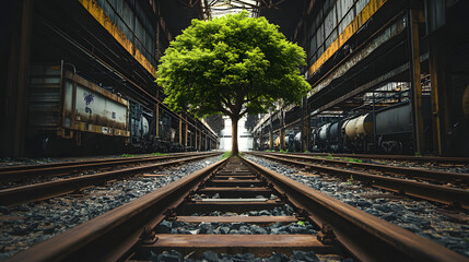 A Lush Green Tree Thriving Amidst Industrial Railroad Tracks