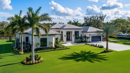 Elegant luxury house exterior showcasing pristine landscaping and modern architecture