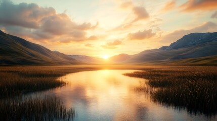 Fototapeta premium Golden Hour Stillness: Lake Reflects Sunset, Mountains Silhouetted