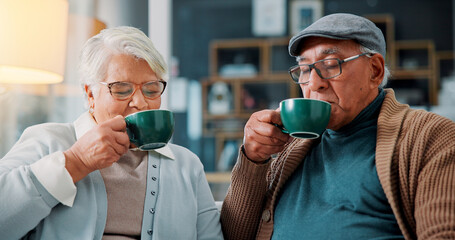 Home, senior couple and drinking coffee for relax, morning beverage and enjoy espresso. Old man,...