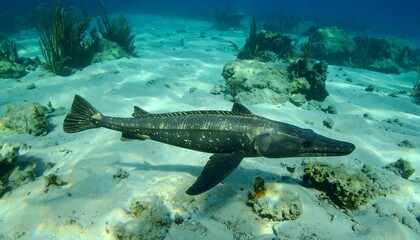 Fototapeta premium Dark-Colored Fish Swimming Over Sandy Ocean Floor with Coral Reefs