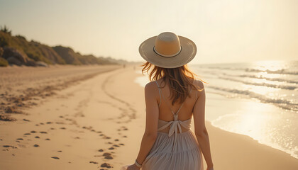 Woman in Dress Walking on Sunny Beach