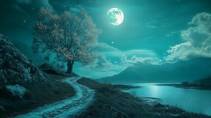 Moonlit Night Path: A serene landscape under a full moon's soft glow.