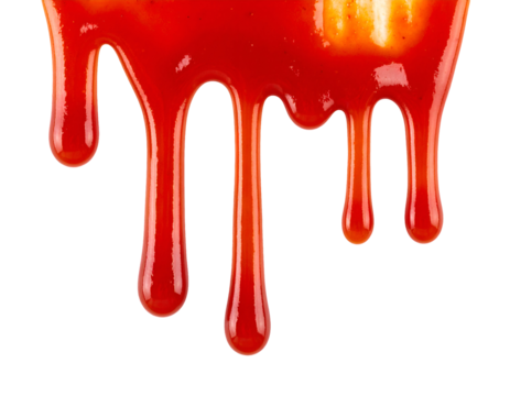 multiple ketchup drips flowing down from the top with glossy red texture on isolated background, tomato sauce element for food design
