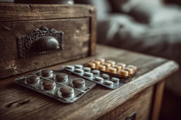 Close-up of blister packs with medicine on rustic wooden dresser, dark mood remedy for illness and healthcare concepts