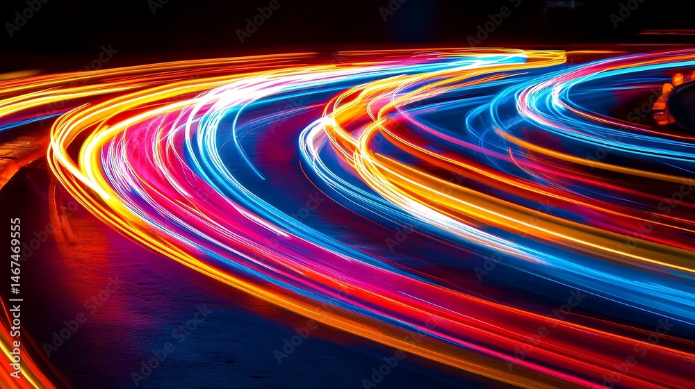 Poster streaks of light create a dynamic colorful abstract composition with dark tones