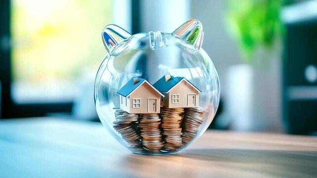 A crystal-clear piggy bank filled with tiny houses instead of coins, symbolizing real estate as a reliable investment strategy for financial growth.