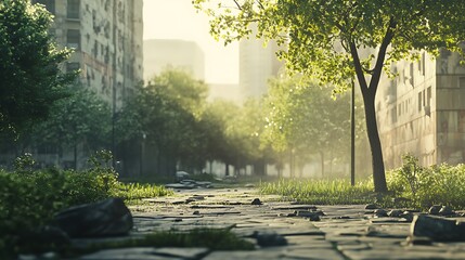 Tranquil City Park: Greenery Amidst Urban Landscape, Stone Path and Serenity