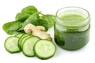 A healthy green juice made with spinach, ginger, and cucumber, served in a mason jar on a white background