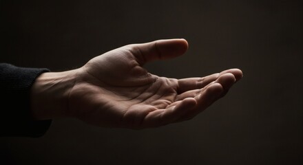 AI image of a dramatically lit open hand, palm up, cupped gently as if asking, offering, or receiving something valuable.