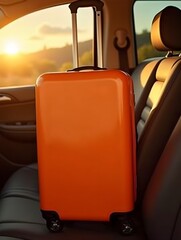 bright orange suitcase sits on backseat of car, illuminated