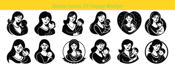 Vector art design set shows a Happy Mother icon in silhouette on white and black backgrounds. Vector illustration set of abstract shapes and symbols featuring a Happy Mother. Happy Mother's Day.