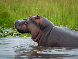 Fototapeta premium Close-Up of a Hippopotamus in Water: Serene Wildlife Moment