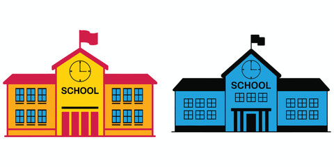 Fototapeta premium Colorful vector illustrations of school buildings in yellow and blue with clock details